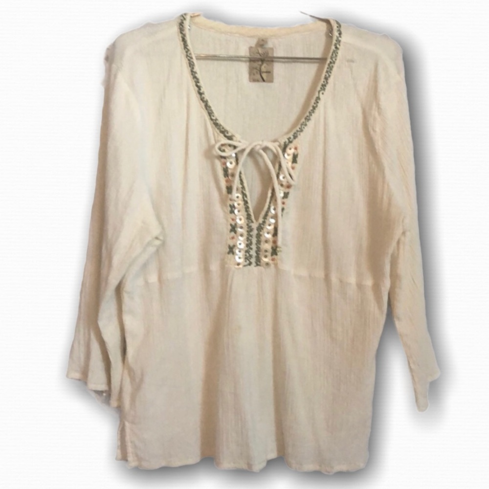Gramicci ivory gauze boho shell beaded peasant top
